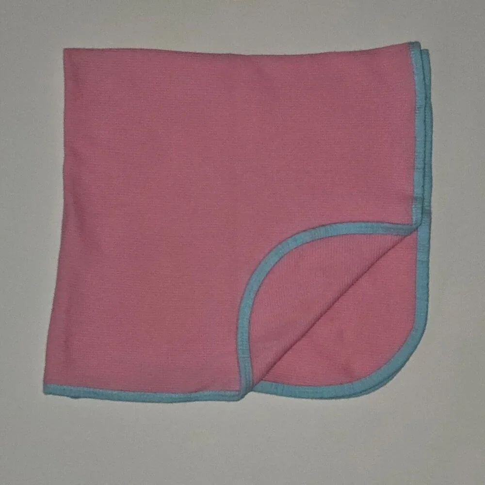 Pink Waffle Knit Cotton Thermal Baby Blanket Blue Trim 26x26 READ